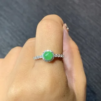 Icy Vivid Green Natural Jadeite Cabochon Ring — S925 Silver · No. D71C