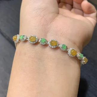 Icy Honey Yellow Natural Jadeite Cabochon Bracelet — S925 Silver · No. 8217