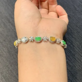 High-Icy Multicolor Natural Jadeite Cabochon Bracelet — S925 Silver · No. D436