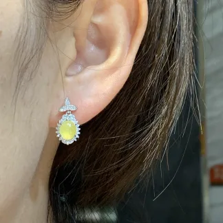 High-Icy Honey Yellow Natural Jadeite Cabochon Stud Earrings — S925 Silver · No. 375F
