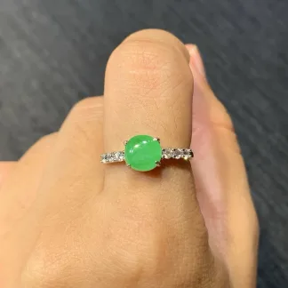 Icy Vivid Green Natural Jadeite Cabochon Ring — S925 Silver · No. 63E7
