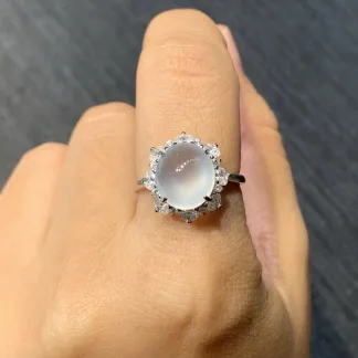 High-Icy Glowing Natural Jadeite Cabochon Ring — S925 Silver · No. 49F5