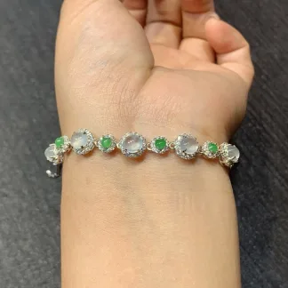 High-Icy Glowing Natural Jadeite Cabochon Bracelet — S925 Silver · No. AAC4
