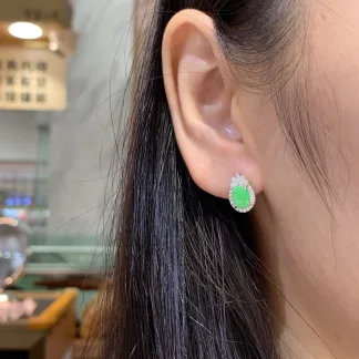 Icy Vivid Green Natural Jadeite Cabochon Stud Earrings — S925 Silver · No. C2B5