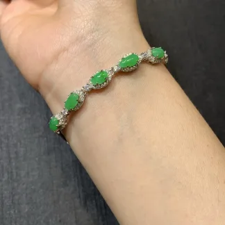 Vivid Green Natural Jadeite Cabochon Bracelet — S925 Silver · No. 4FB2