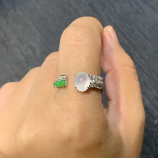 High-Icy Glowing White and Green Natural Jadeite Cabochon Ring — S925 Silver · No. B559