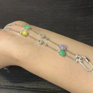 High-Icy Multicolor Natural Jadeite Convertible Cabochon Chain — S925 Silver · No. 011D