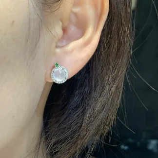 High-Icy Glowing Natural Jadeite Cabochon Stud Earrings — S925 Silver · No. 2B7C