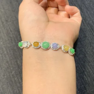 High-Icy Multicolor Natural Jadeite Cabochon Bracelet — S925 Silver · No. 4256