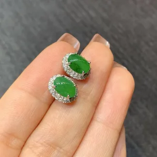 Intense Vivid Green Natural Jadeite Cabochon Stud Earrings — S925 Silver · No. E044