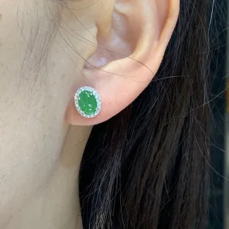 Intense Vivid Green Natural Jadeite Cabochon Stud Earrings — S925 Silver · No. E044