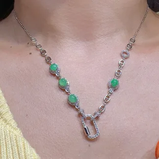 Icy Vivid Green Natural Jadeite Convertible Cabochon Chain — S925 Silver · No. 3F80