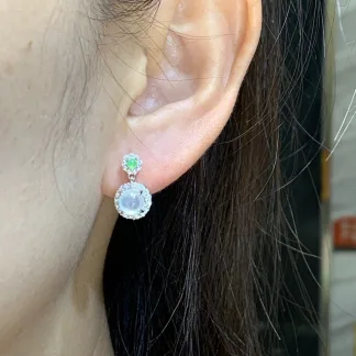 High-Icy Glowing Natural Jadeite Cabochon Drop Earrings — S925 Silver · No. 1B78