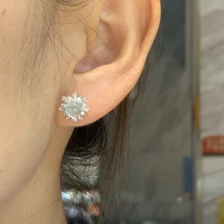 High-Icy Glowing Natural Jadeite Cabochon Stud Earrings — S925 Silver · No. B67D