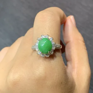 Vivid Green Natural Jadeite Cabochon Ring — S925 Silver · No. 0E4A