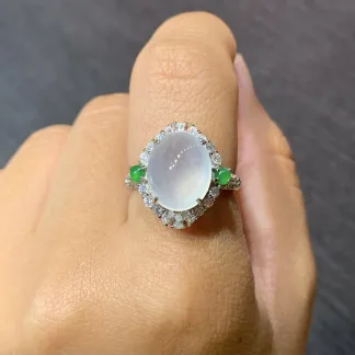 High-Icy Glowing Natural Jadeite Cabochon Ring — S925 Silver · No. 0080