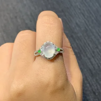 High-Icy Glowing Natural Jadeite Cabochon Ring — S925 Silver · No. 89BB