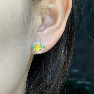 High-Icy Honey Yellow Natural Jadeite Cabochon Stud Earrings — S925 Silver · No. BF55