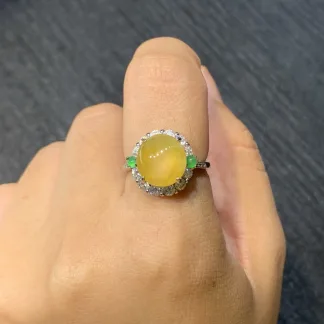 High-Icy Honey Yellow Natural Jadeite Cabochon Ring — S925 Silver · No. 686E