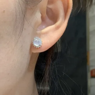 High-Icy Glowing Natural Jadeite Cabochon Stud Earrings — S925 Silver · No. DE15