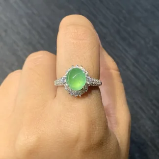 High-Icy Clear Green Natural Jadeite Cabochon Ring — S925 Silver · No. DE4B