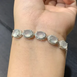 High-Icy Glowing Natural Jadeite Cabochon Bracelet — S925 Silver · No. 7998