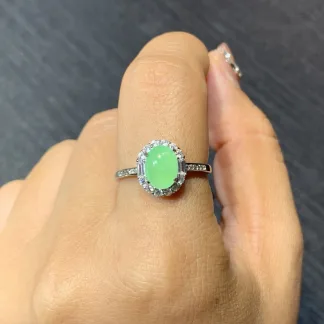 Icy Soft Green Natural Jadeite Cabochon Ring — S925 Silver · No. 49EB