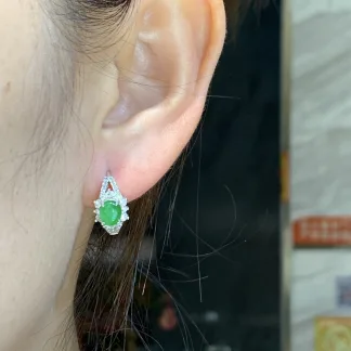 Vivid Green Natural Jadeite Cabochon Huggie Earrings — S925 Silver · No. 79F9