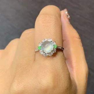 High-Icy Glowing Clear Natural Jadeite Cabochon Ring — S925 Silver · No. 7601
