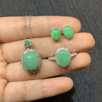 Green Natural Jadeite Cabochon Set — S925 Silver · No. 6594