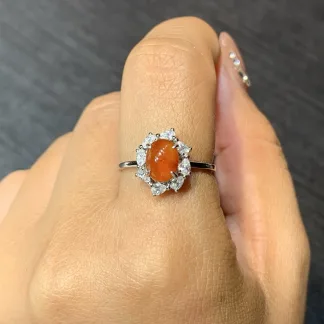 High-Icy Russet Red Natural Jadeite Cabochon Ring — S925 Silver · No. 86D9