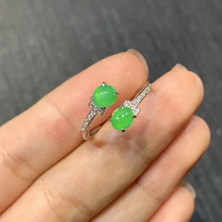 High-Icy Vivid Green Natural Jadeite Twin Cabochon Ring — S925 Silver · No. 9B32