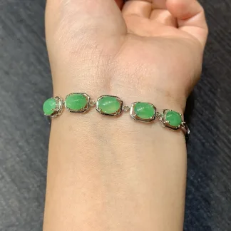 Icy Vivid Green Natural Jadeite Cabochon Bracelet — S925 Silver · No. F4A9