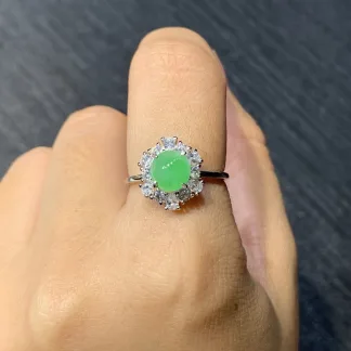 Icy Vivid Green Natural Jadeite Cabochon Ring — S925 Silver · No. DBA5