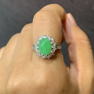 Icy Vivid Green Natural Jadeite Cabochon Ring — S925 Silver · No. BB6D