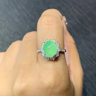 High-Icy Soft Vivid Green Natural Jadeite Cabochon Ring — S925 Silver · No. B4BD