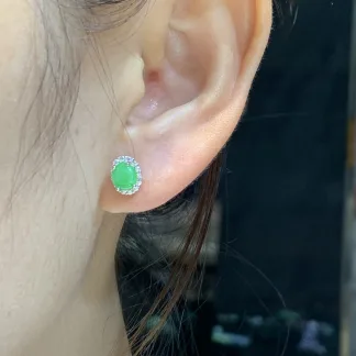 Icy Vivid Green Natural Jadeite Cabochon Stud Earrings — S925 Silver · No. FA69