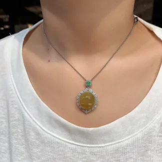 Icy Honey Yellow Natural Jadeite Cabochon Pendant — S925 Silver · No. 8678