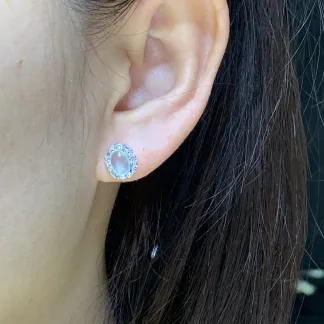 High-Icy Clear Natural Jadeite Cabochon Stud Earrings — S925 Silver · No. EBB3