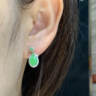 Icy Vivid Green Natural Jadeite Cabochon Drop Earrings — S925 Silver · No. 08FD