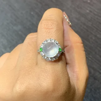 High-Icy Glowing Natural Jadeite Cabochon Ring — S925 Silver · No. 1715