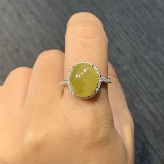 Icy Honey Yellow Natural Jadeite Cabochon Ring — S925 Silver · No. 2F19