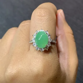 Icy Vivid Green Natural Jadeite Cabochon Ring — S925 Silver · No. 32B4