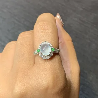 High-Icy Glowing Natural Jadeite Cabochon Ring — S925 Silver · No. E16F