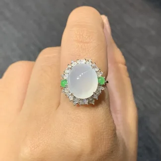Icy White Natural Jadeite Cabochon Ring — S925 Silver · No. 1B3C