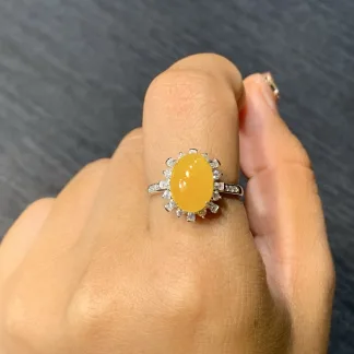 High-Icy Honey Yellow Natural Jadeite Cabochon Ring — S925 Silver · No. 38CD