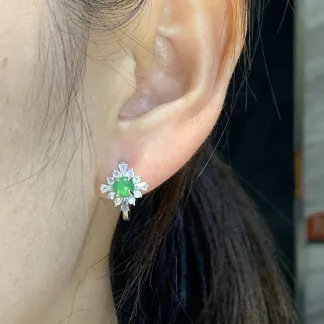 Icy Vivid Green Natural Jadeite Cabochon Huggie Earrings — S925 Silver · No. A345