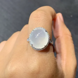 High-Icy Glowing Natural Jadeite Cabochon Ring — S925 Silver · No. A502