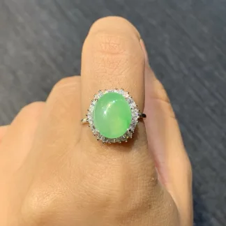 High-Icy Clear Green Natural Jadeite Cabochon Ring — S925 Silver · No. F681
