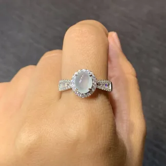 High-Icy Glowing Natural Jadeite Cabochon Ring — S925 Silver · No. 5697